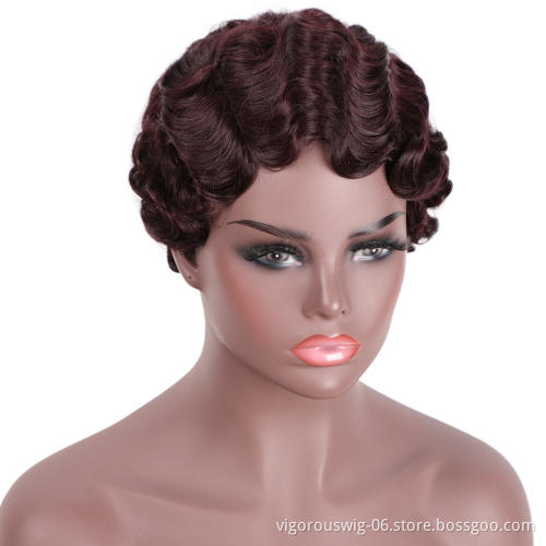 Vigorous Short Finger Wave Curly Wigs for Black Women African American Synthetic Retro Hair Wig Heat Resistant Fiber